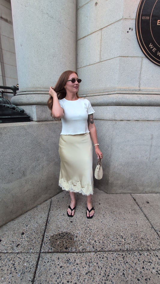 Summer Butter Yellow Satin Lace Skirt