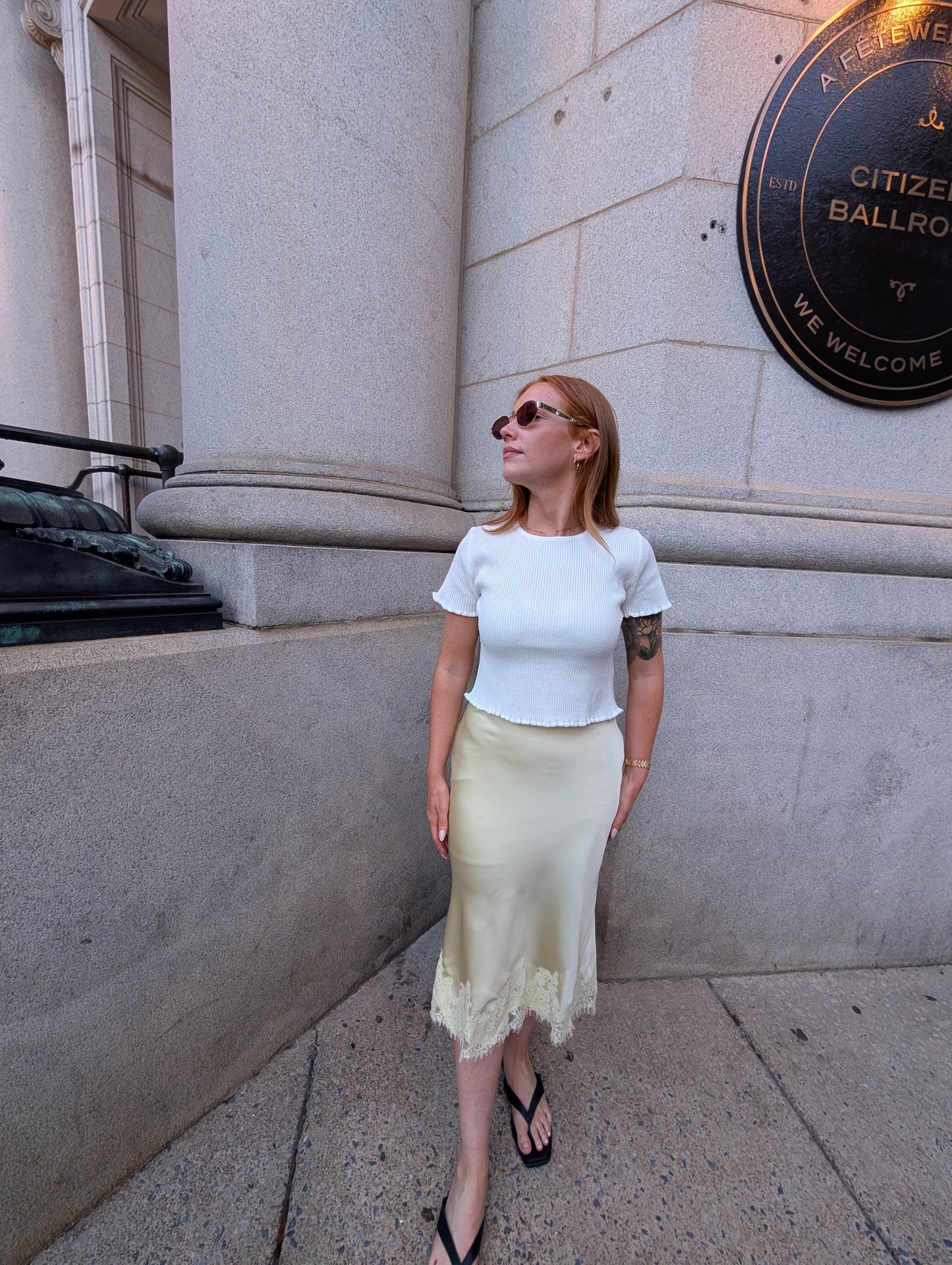 Summer Butter Yellow Satin Lace Skirt